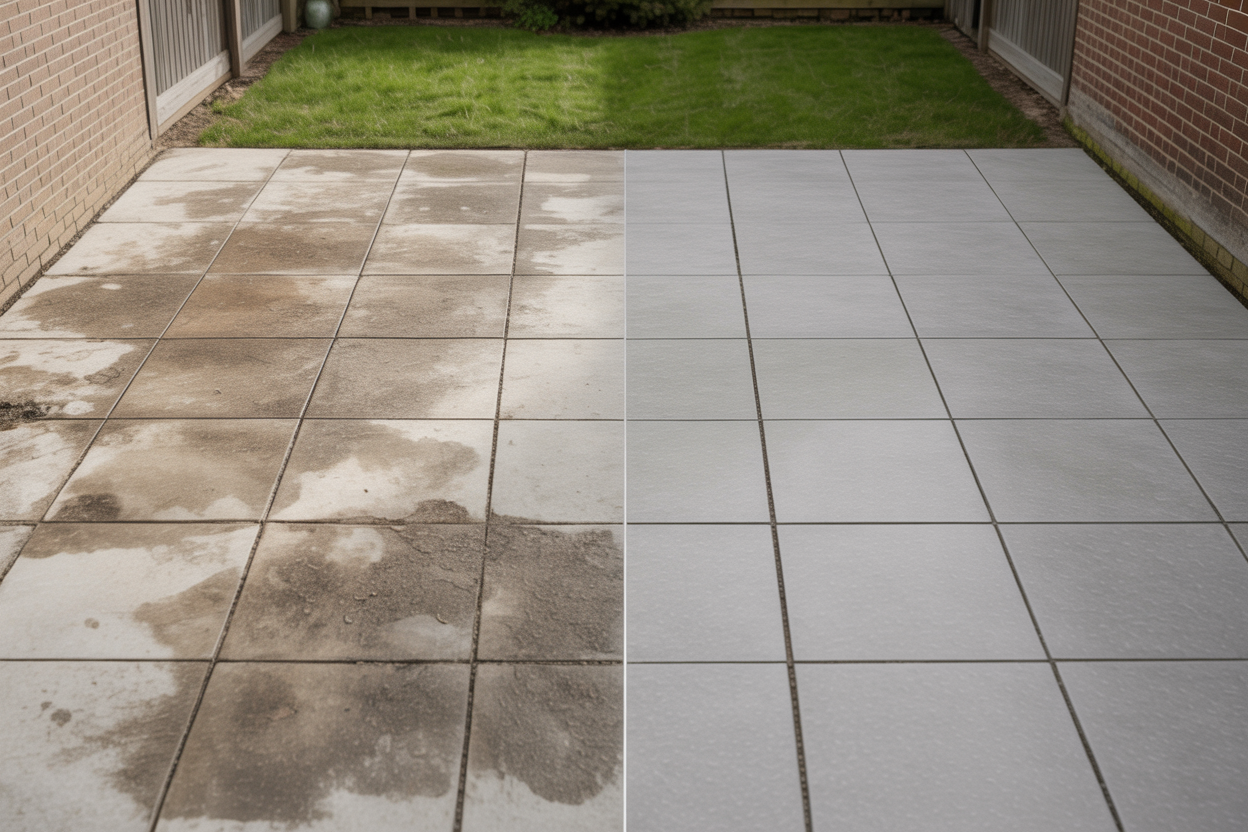 Flagstone patio cleaning before and after