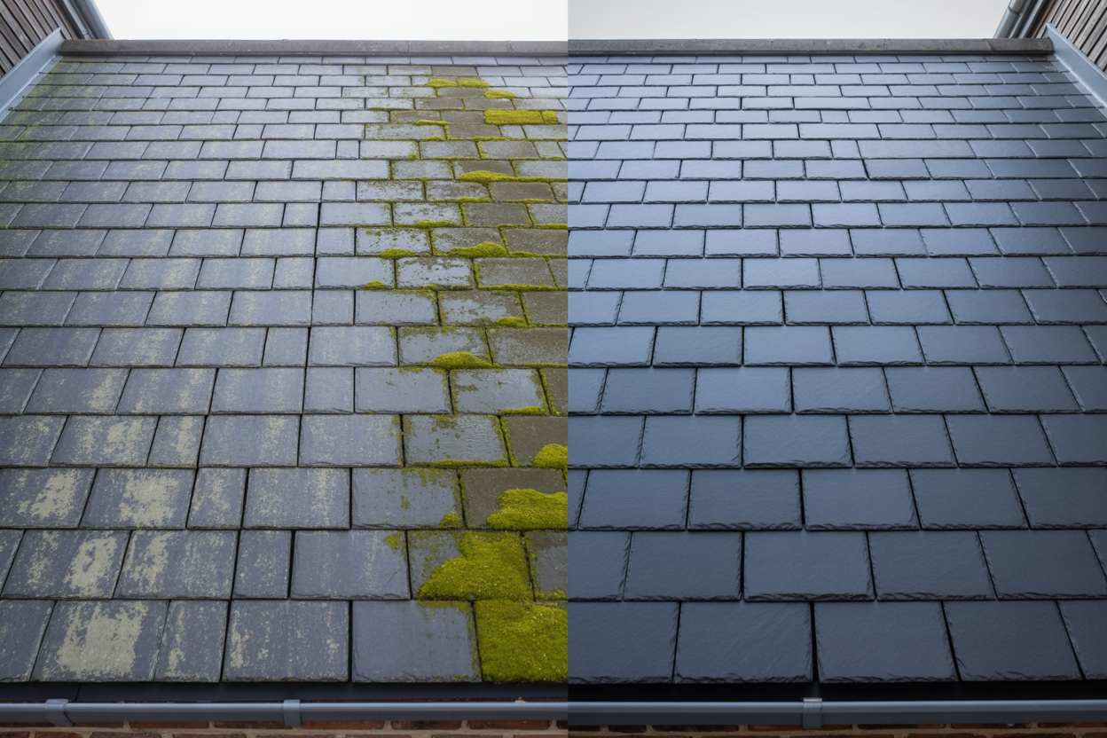 Slate roof cleaning before and after